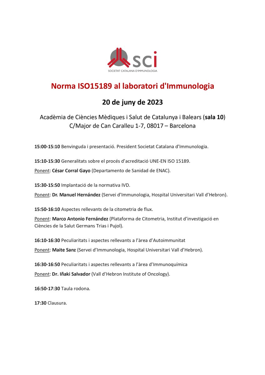 SCImmunologia's tweet photo. 📢 Jornada sobre la norma ISO15189 al laboratori d'Immunologia.

📆 20 juny 2023.

🕒 15:00-17:30h .

💻 Format mixt: Presencial (Acadèmia Ciències Mèdiques) + virtual.

👉 Inscripcions (gratuïtes) ⬇️
https://t.co/2s4GIGKUAi

Us hi esperem! https://t.co/LGgBac2zfZ