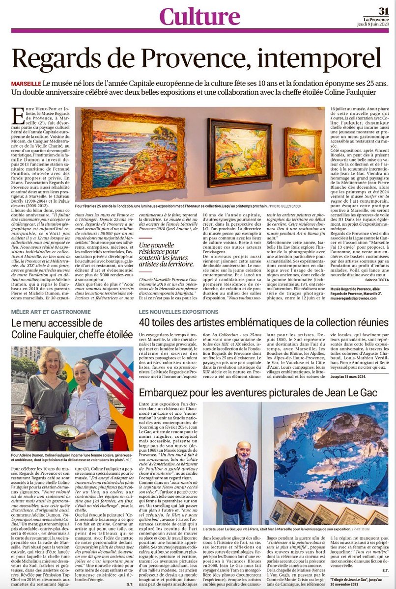 Merci au soutien de tous les médias qui valorisent nos actions depuis notre création.
<a href="/laprovence/">La Provence</a> et <a href="/lamarsweb/">La Marseillaise</a> ont consacré une pleine page pour célébrer les 25 ans de la Fondation et Association Regards de Provence et les 10 ans du musée.