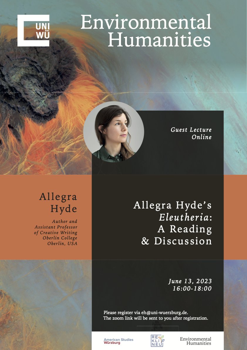We are thrilled to host <a href="/allegra_hyde/">Allegra Hyde</a> for an online-only reading and discussion of her novel Eleutheria on Tuesday at 4pm CET – there is still time to settle in with this novel over the weekend and join us on Tuesday to talk it over. Email eh@uni-wuerzburg to register!