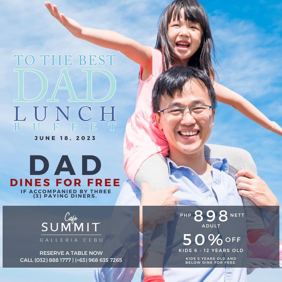 summit_hotels's tweet photo. This Father's Day, we welcome the whole family  to celebrate papa's special day, reserve a table now at Café Summits near you.

Terms and Conditions apply.

#fathersday 
#ToTheBestDad
#CafeSummit
#SummitHotelsPH
#SummitHotelsAndResorts
#RobinsonsHotelsAndResorts https://t.co/iIqgoL9ARA