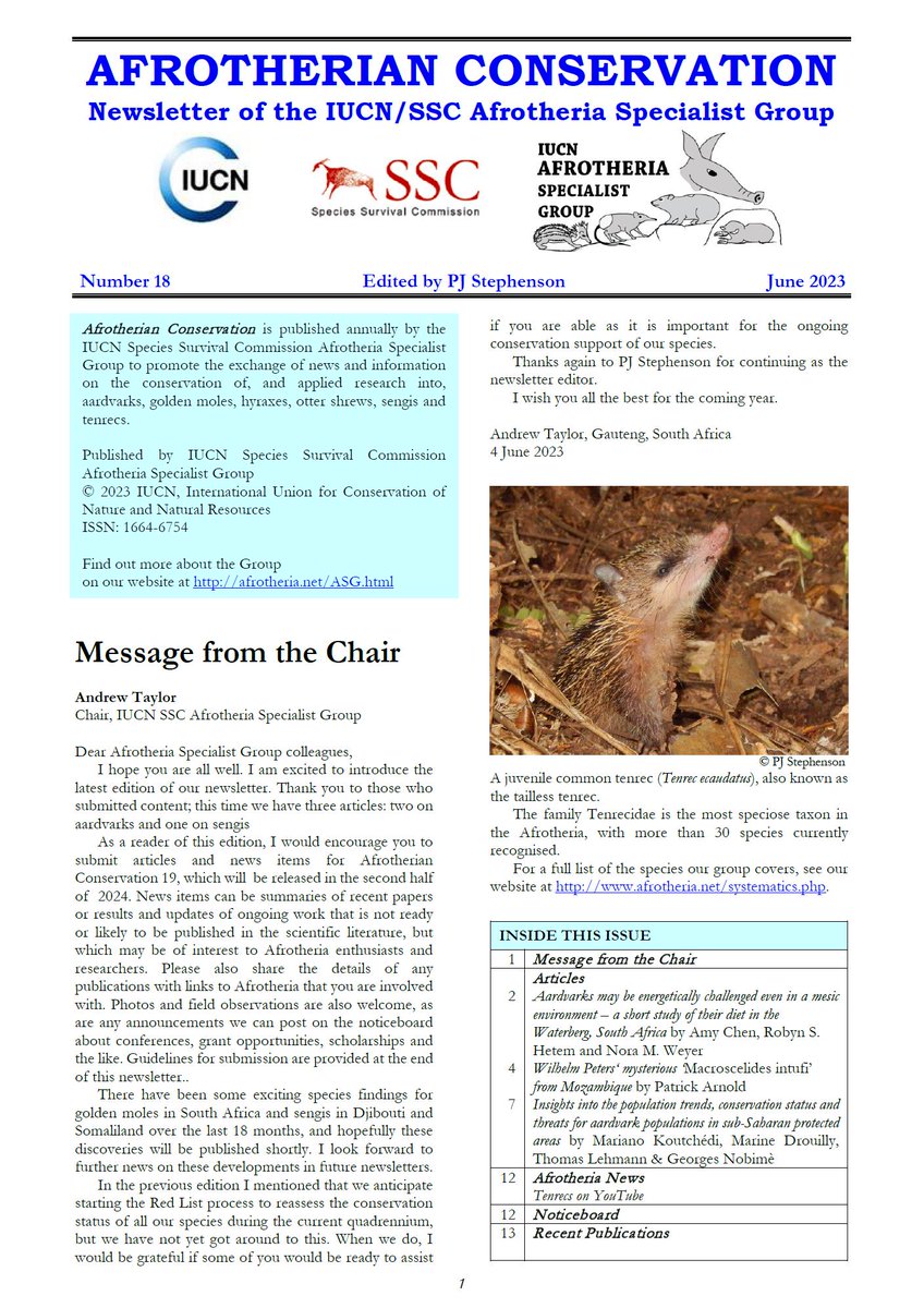 Tweeting_Tenrec's tweet photo. Afrotheria Conservation 18 is out now! This edition has articles on aadvarks and sengis, and news about watching tenrecs on YouTube!
#biodiversity #conservation #aardvark #sengi #tenrec #Africa #Madagascar
https://t.co/fzUywwrAbP https://t.co/5T4iVbn2WM