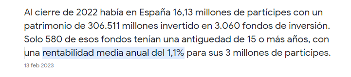 TDisciplinado's tweet photo. @lucasito22 @JordiTrading Una simple busqueda en google:
Un 1.1% en promedio al año (eso si has elegido al bueno). Vamos, que ni ganas al mercado y aun menos bates la inflacion. Pero vosotros seguid pagando comisiones y creiendos que sois "los ingenieros" de las finanzas. 😂😂😂 https://t.co/CpC3VtWHKs