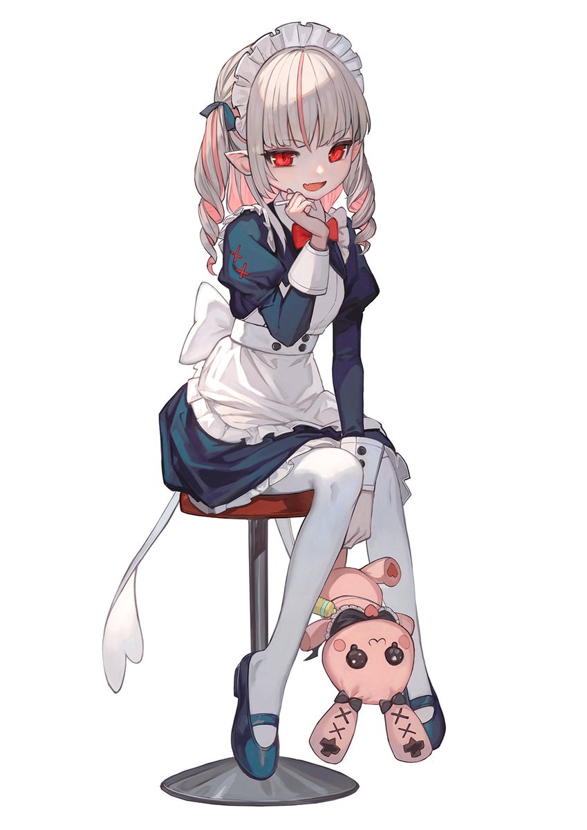 makaino ririmu 1girl solo maid headdress red eyes pointy ears maid sitting  illustration images