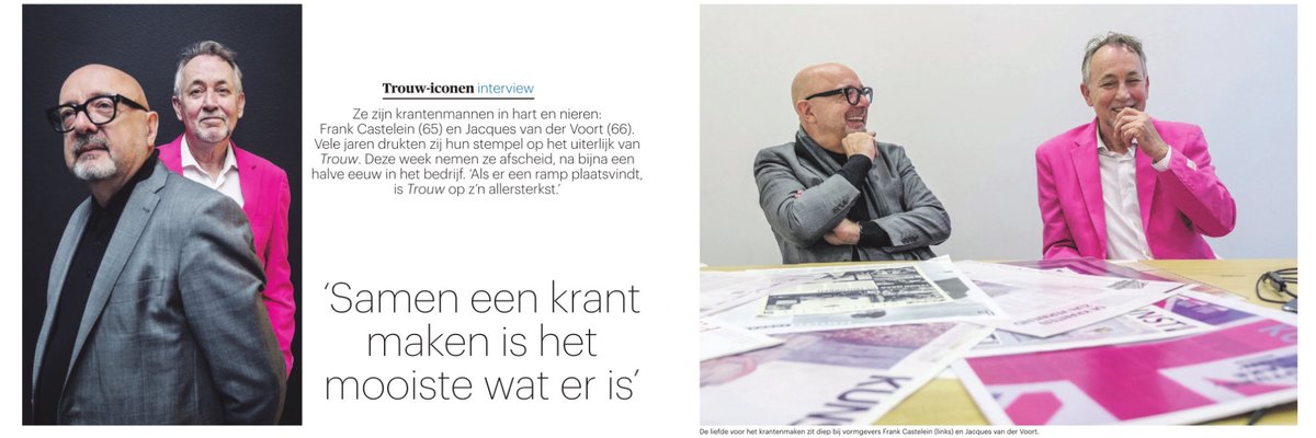 Fraai eerbetoon in de Verdieping vandaag aan twee rotsvaste ankers van de <a href="/trouw/">Trouw</a>-redactie die nu jammerlijk met pensioen gaan: Frank Castelein en Jacques van der Voort.
trouw.nl/verdieping/twe…