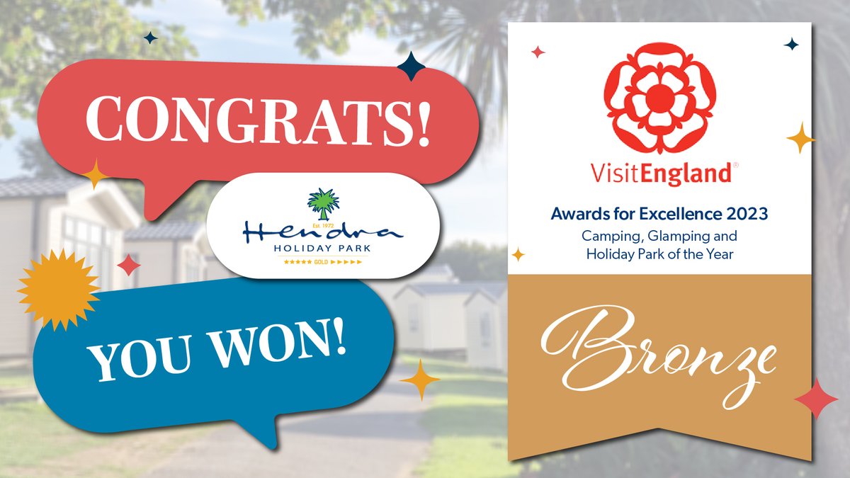 A huge congratulations to <a href="/HendraHolidays/">Hendra Holiday Park</a> for taking home the bronze award for Camping, Glamping and Holiday Park of the Year at the Visit England Awards for Excellence. Amazing job, very well done to all the team at Hendra🌟