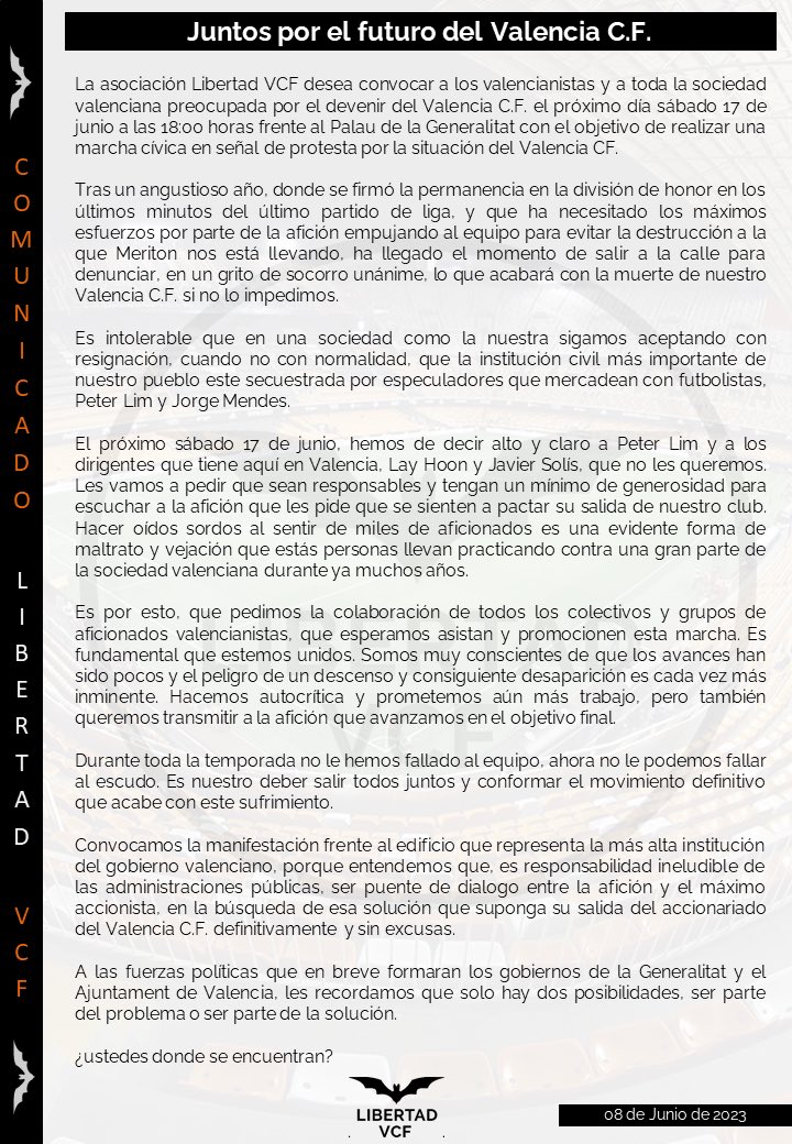 LibertadVCF's tweet photo. 🚨COMUNICADO OFICIAL🚨

El próximo sábado 17 a las 18:00, convocamos a todo el valencianismo a una manifestación que arrancará en la puerta de la Generalitat. Próximamente daremos más detalles. 

Juntos por el futuro del Valencia C.F. 

#LimGoHome #LimOut #TotsJunts https://t.co/iC4SfolCKu