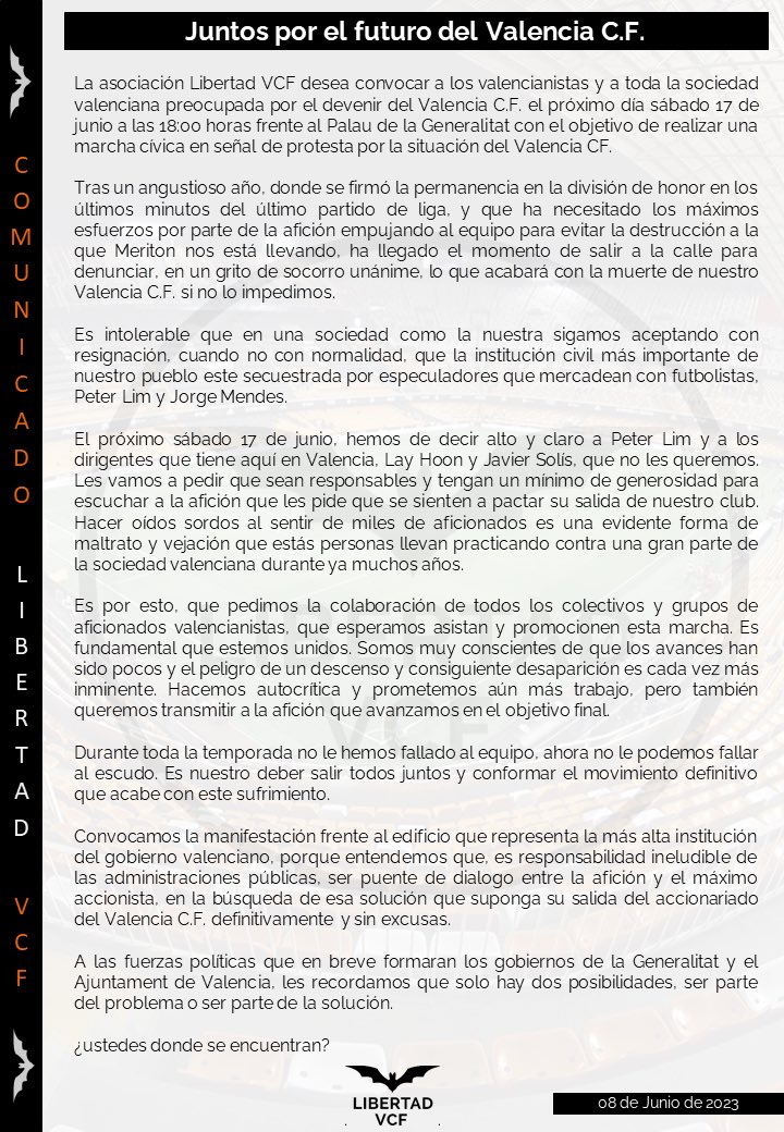 🚨COMUNICADO OFICIAL🚨

El próximo sábado 17 a las 18:00, convocamos a todo el valencianismo a una manifestación que arrancará en la puerta de la Generalitat. Próximamente daremos más detalles. 

Juntos por el futuro del Valencia C.F. 

#LimGoHome #LimOut #TotsJunts