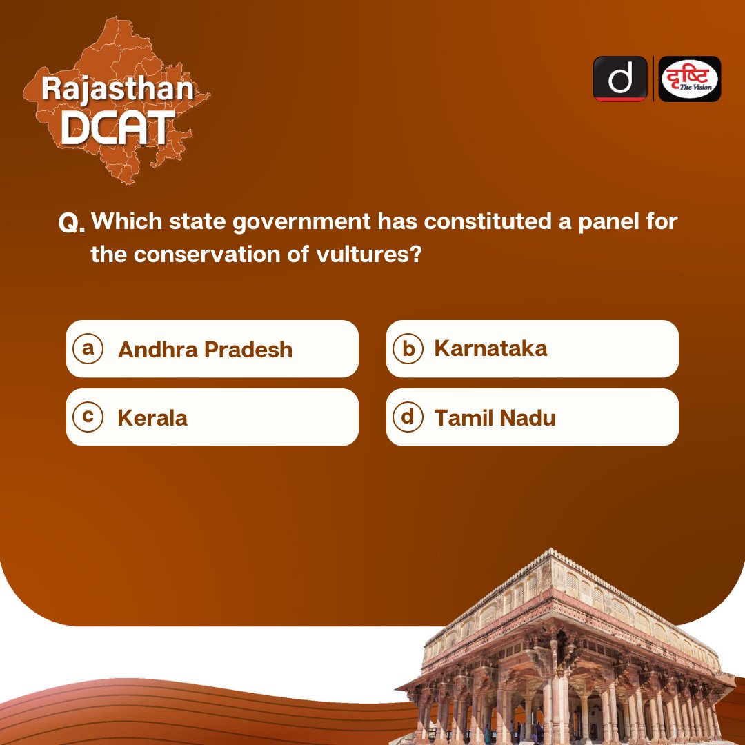 DrishtiPCS's tweet photo. Find the solution to this quiz in our #RajasthanDCAT magazine. Get your copy of this magazine to ace the #RAS #Exam today
Check the link https://t.co/AgrJ1NBqka

#IAS #PCS #UPSC #India #StatePCS #CurrentAffairs #News #Mains #Constituted #Conservation #Vulture #Prelims #DrishtiIAS https://t.co/NvkS2Nf7dF