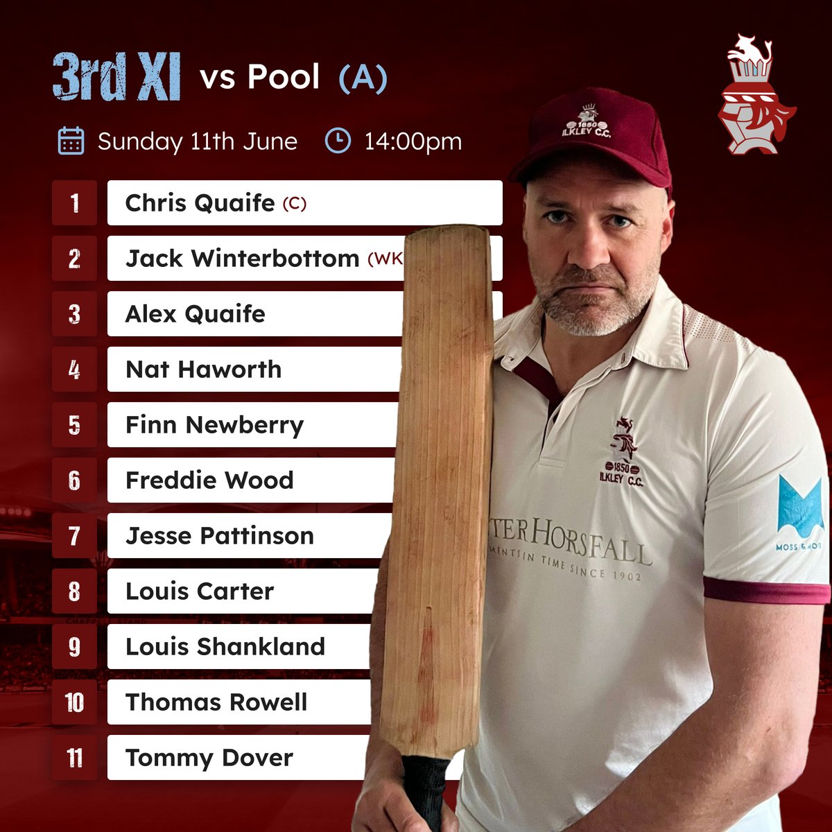 IlkleyCC's tweet photo. 🏏 Teams for the upcoming weekend of cricket.

1st XI vs  @BoltonVillasCC Sat 1:00pm 
2nd XI vs @MenstonCricket Sat 1:00pm 
3rd XI vs @PoolCricketClub Sun 2:00pm  

#IlkleyCC #ICCTWD https://t.co/WEisJ8k7Br