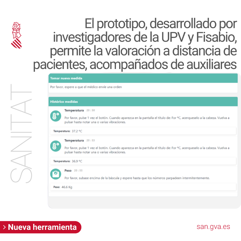GVAsanitat's tweet photo. 🧑‍⚕️👩‍⚕️💻 @GVAfisabio y la @UPV desarrollan una herramienta para la valoración remota de pacientes de entornos rurales

📲🛜 La herramienta, conectada con IoT a termómetro, glucómetro, pulsioxímetro o tensiómetro, permite llevar un histórico de control