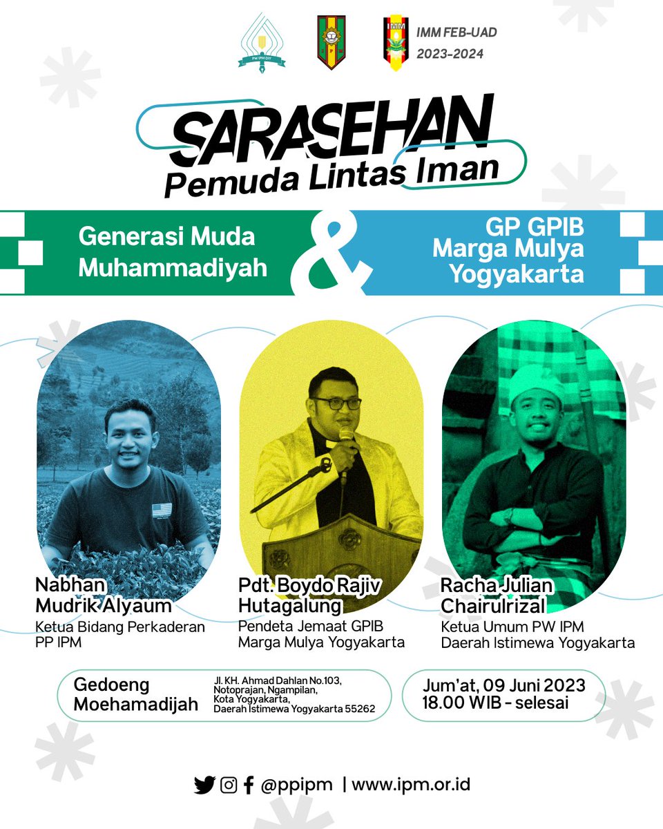PPIPM's tweet photo. Sarasehan Pemuda Lintas Agama✨

Hai haii Sobat IPM!
Ada yang bingung ngga sih besok malem mau ngapain?

Yuk, merapat di Gedoeng Moehammadijah untuk berdiskusi bersama yang kali ini temanya super menarik loh genkz😎

See you there!

#sarasehan #wahanakeilmuan #ppipm https://t.co/Wob3gNVgw2