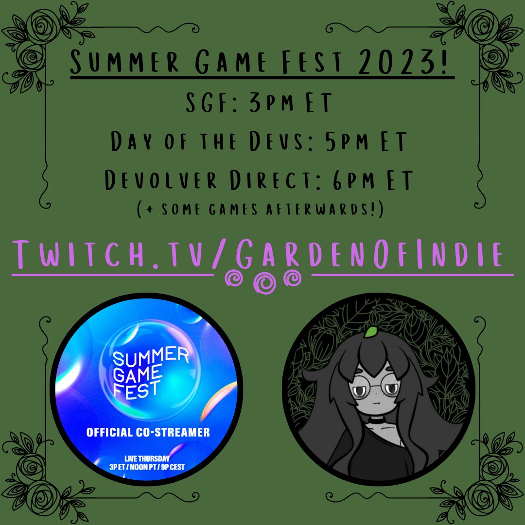 📢 I'll be live today @ 3pm ET hanging out watching #SummerGameFest  + #DayOfTheDevs and getting HYPED for new and upcoming indie games!! I'll be taking some notes and chatting while we watch, and then we'll probably just chill & play some games for a bit after??

Come hang!! 🌺