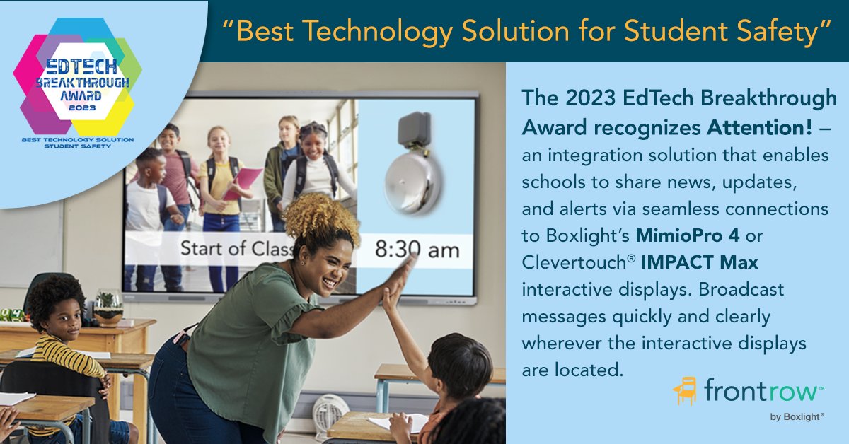 gofrontrow's tweet image. Attention! won Best Technology Solution for Student Safety by #EdTechBreakthrough! We&apos;re honored to be recognized for our comprehensive AV tech that supports #schoolsafety and #campuscommunication. 
hubs.la/Q01SMD1t0

#campusAV #campussafety #schools #Boxlight_solutions