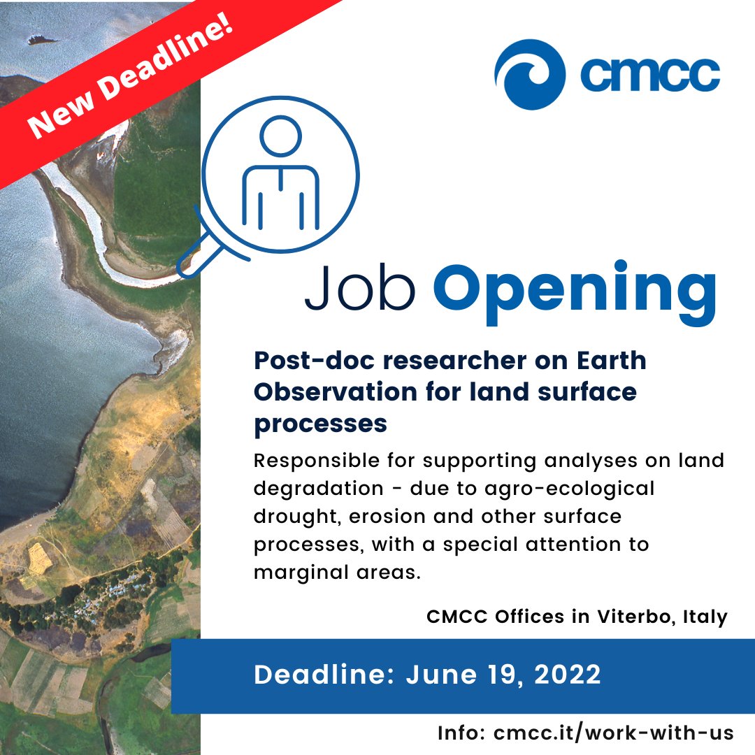 #NewDeadline to apply for the position of Post-doc researcher, responsible for supporting analyses on land degradation.

📍 Job position: CMCC offices in Viterbo/Lecce (Italy).
⏰ Dedaline: June 19, 2023

🔎 More info and application form: ow.ly/z9Gq50OqRBl