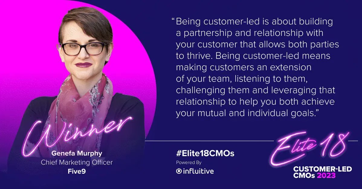 <a href="/Five9/">Five9</a> CMO, <a href="/GenefaMurphy/">Genefa Murphy</a>, has been named one of the #Elite18CMOs by @Influitive! Congrats! buff.ly/3CfLY68 

buff.ly/45PMKUF