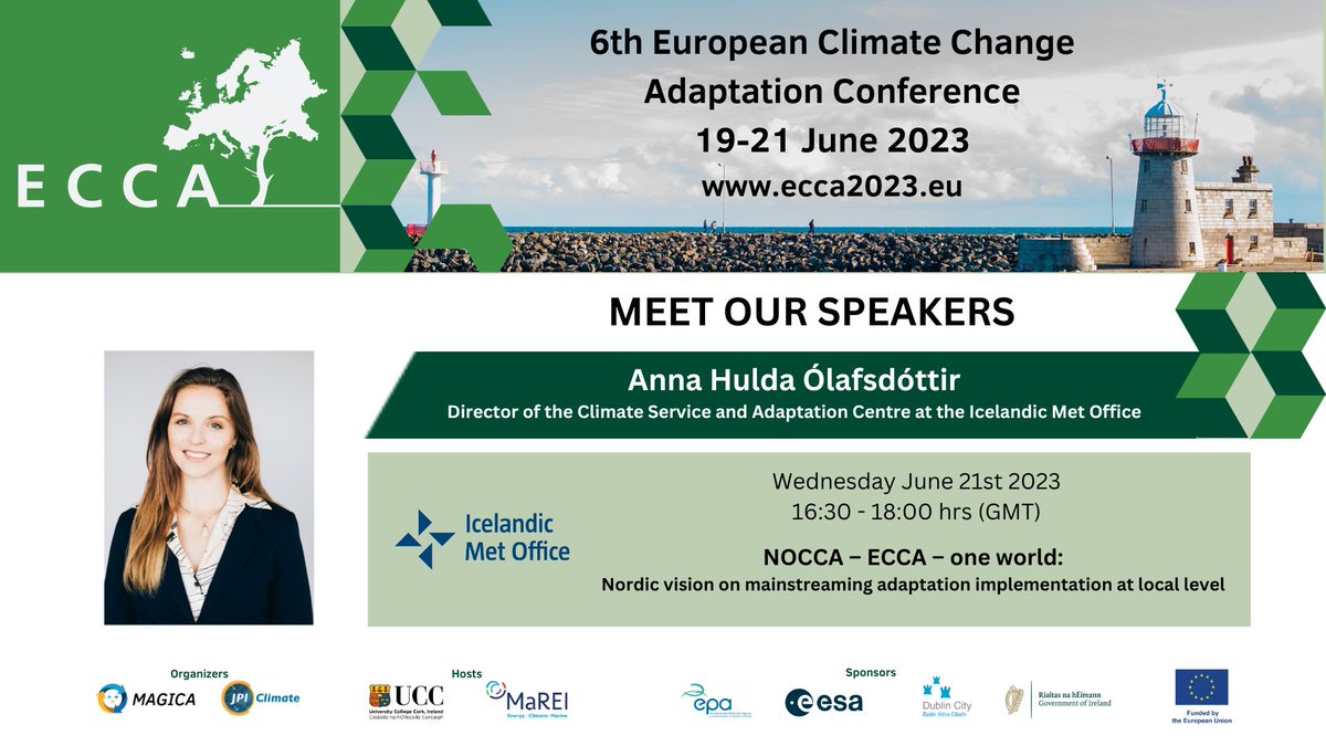 #ECCA2023 update: in the Closing Session on 21 June, Anna Hulda Ólafsdóttir, Director of the Climate Service and Adaptation Centre at the Icelandic Met Office, will speak about the Nordic vision on mainstreaming #adaptation #implementation at #local level: a reflection on…