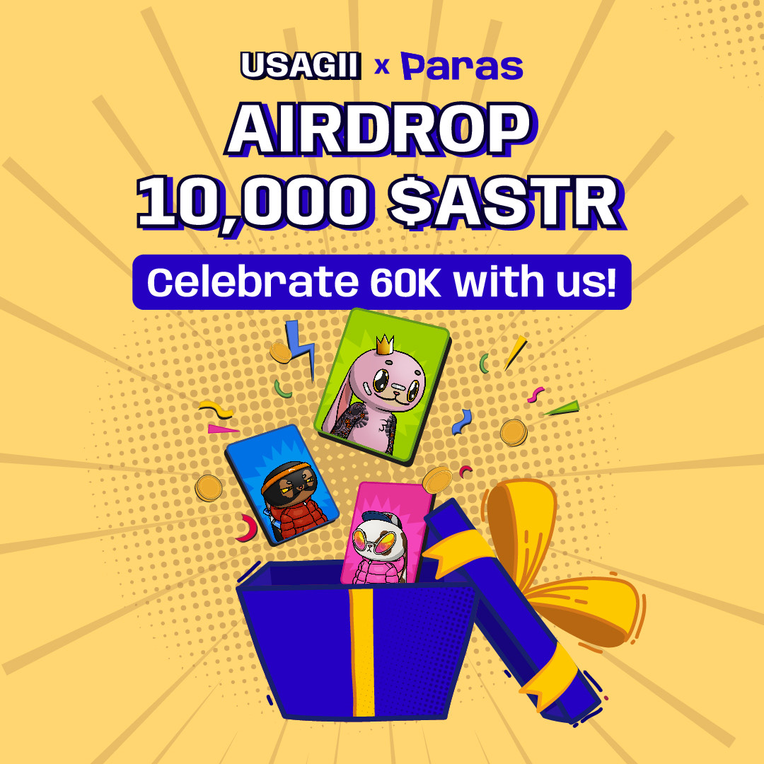 ParasHQ's tweet image. Hold up, Paras x USAGII Airdrop starts…NOW! 🔥 Celebrate this incredible milestone and win a total of 10,000 $ASTR, just for you Paras fam 😎 Are you ready to join?👇

🐰 Hold USAGII NFTs
💎 Like RT &amp;amp; Follow
🚀 Join Discord and get holder role

#Airdrop #NFT #Astar #Polkadot