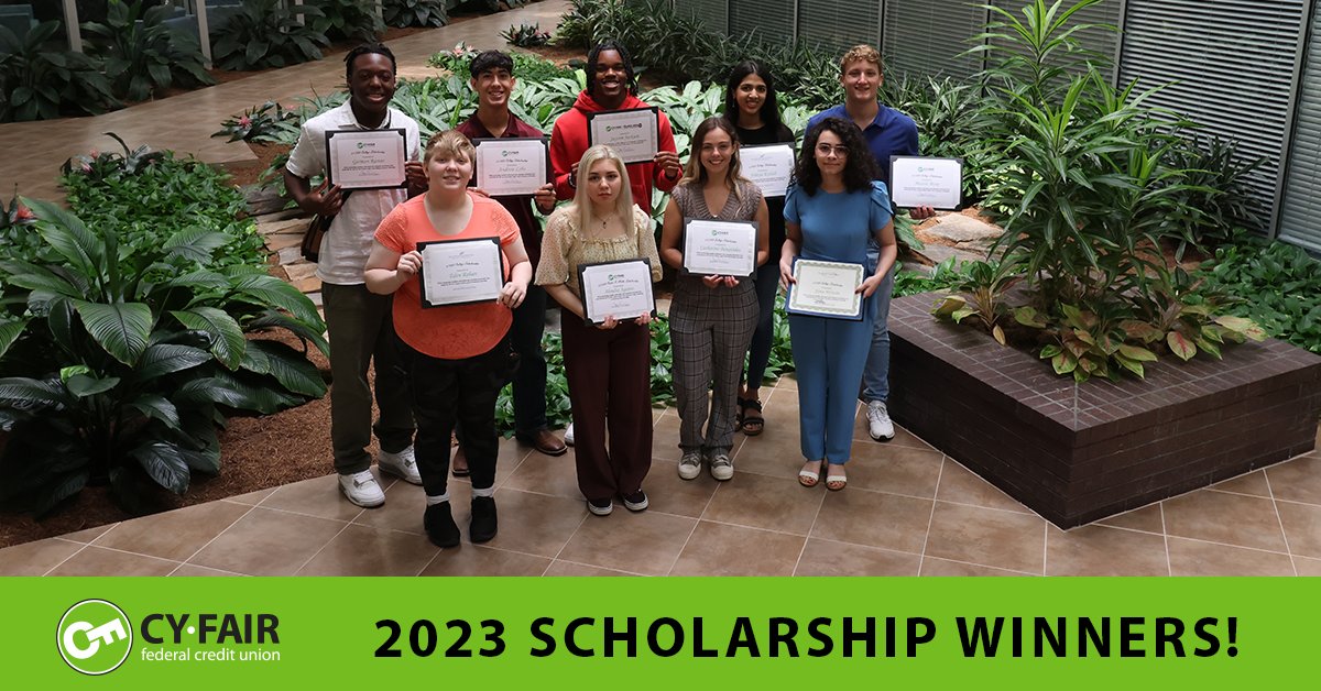 CyFairFCU's tweet photo. CFFCU, with The Partin Foundation, Miller family and Dickey family, would like to congratulate all of our 2023 scholarship recipients! 
This year, over $18,500 in scholarships were awarded to twelve (12) high school seniors. Click below to learn more!
https://t.co/SsbSAYfejk https://t.co/pYsbbwY0Iz