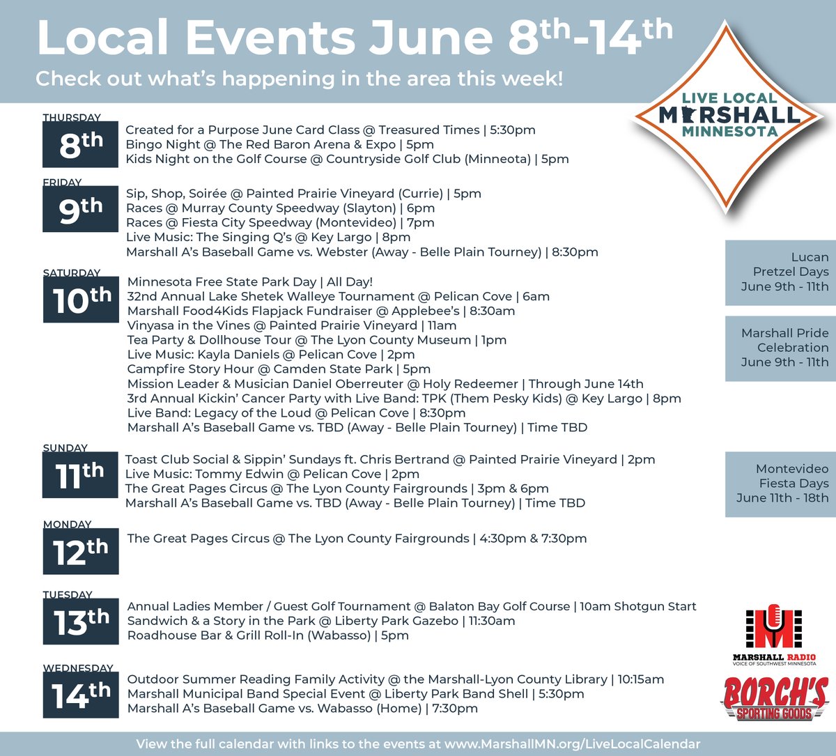 Here it is - this week's list of local events happening! We love to see how full the calendar is getting!! 😃
marshallmn.org/LiveLocalCalen…!
Continue to follow our 2023 #LiveLocal Calendar Campaign as we post events.
Thank you to @Marshall_Radio & this week's Sponsor - Borch's!