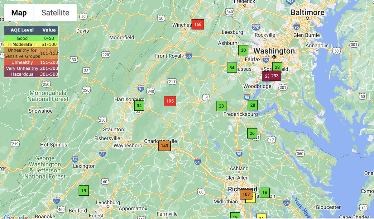 This AQI map from <a href="/VirginiaDEQ/">Virginia DEQ</a> strikes me as misleading. The monitor spots with green are those that only track ozone, CO &amp; NO2—not PM2.5, which is the hazard from wildfire smoke. Is this why DEQ and <a href="/fairfaxcounty/">Fairfax County Government 🇺🇸</a> keep pointing folks to <a href="/AIRNow/">airnow</a> instead? deq.virginia.gov/our-programs/a…