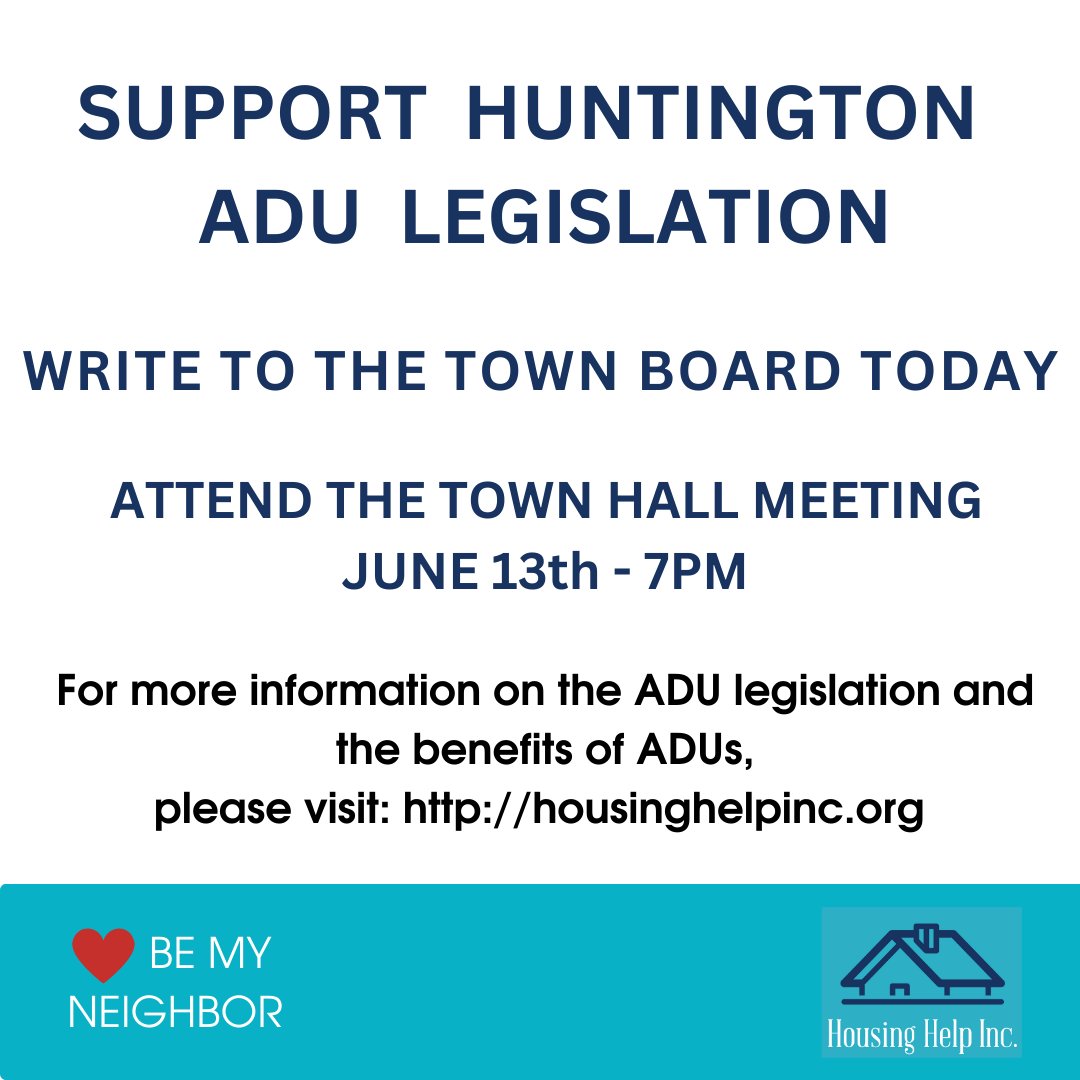 To support ADUs in the Town of Huntington, please attend the Town Board Meeting TONIGHT, June 13th at Town Hall at 100 Main St and tell your family and friends by sharing our social media posts
#affordablehousing #HousingForAll #ADU
#accessorydwellingunit #huntingtonny #housing