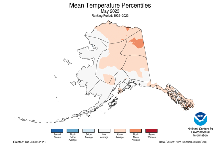 NOAA's tweet photo. (4 of 5) #Alaska’s average #May temp was 39.8°F — 2.0°F above the long-term avg. — ranking ranking in the middle third of the 99-year record: 

https://t.co/xe0gibjk2i

@NOAANCEI #StateOfClimate https://t.co/0MkqKeUKBg