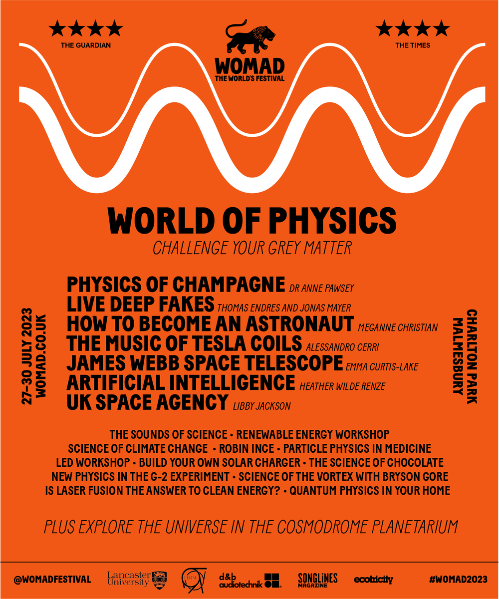 Explore the World of Physics line-up for 2023! ☄️ Come and discover the interactive talks and workshops we have in store, plus the Cosmodrome Planetarium. There's plenty to enjoy for all ages, we can't wait to see you there! 🚀💫💥 #WOMAD2023 #TheWorldsFestival #WorldofPhysics