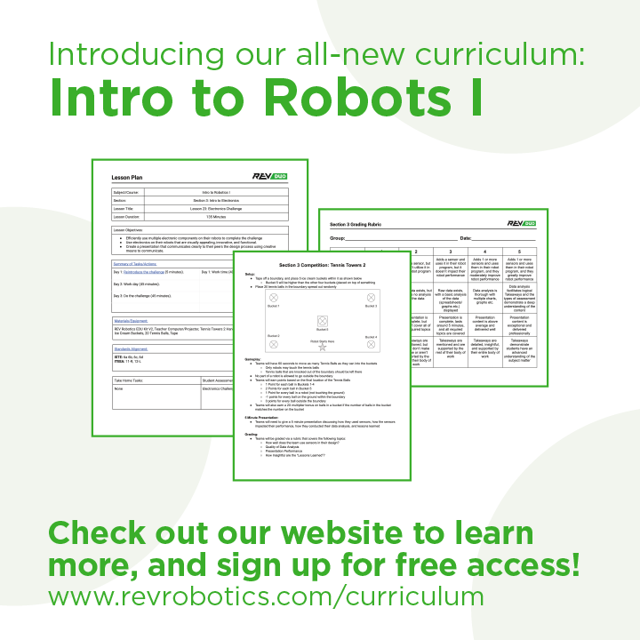 REVrobotics's tweet photo. Kick off your students’ journeys into robotics education with our FREE and all-new curriculum, Intro to Robots I! Learn more: https://t.co/40m4lDuw28 https://t.co/UcUKtsKlAy