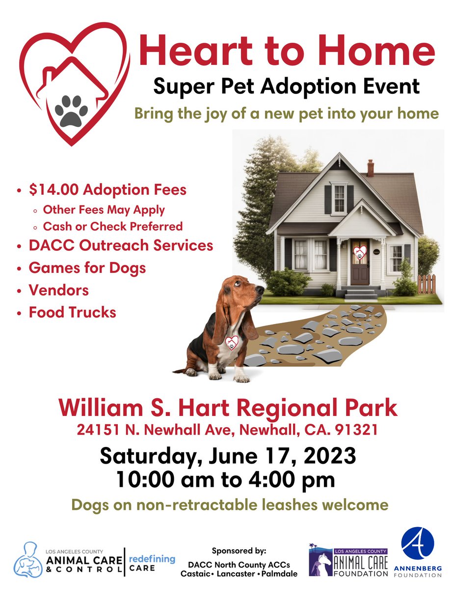 💘 🏠North LA County- mark your calendars 🏠 💘 Next Saturday, join us for Heart To Home: A Super Pet Adoption Event! 📍 William S. Hart Regional Park, 24151 N. Newhall Ave. Santa Clarita 📅 Saturday, June 17 ⏰ 10 a.m-4 p.m