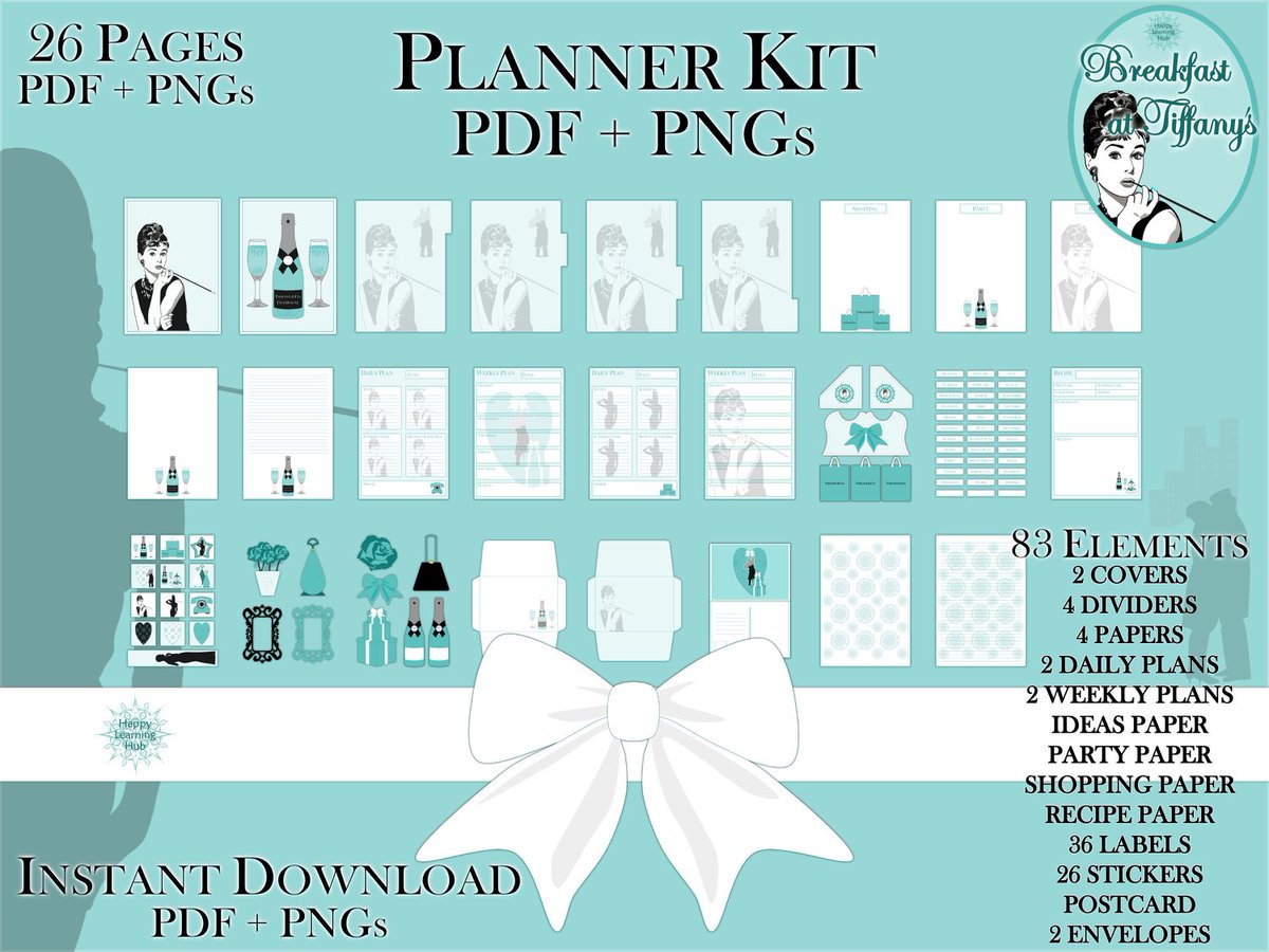 Time to get organised with this beautiful #breakfastattiffanys printable planner kit, available from the Happy Learning Hub #audreyhepburn #printableplanner #etsyshop #etsyfinds #movieinspiration