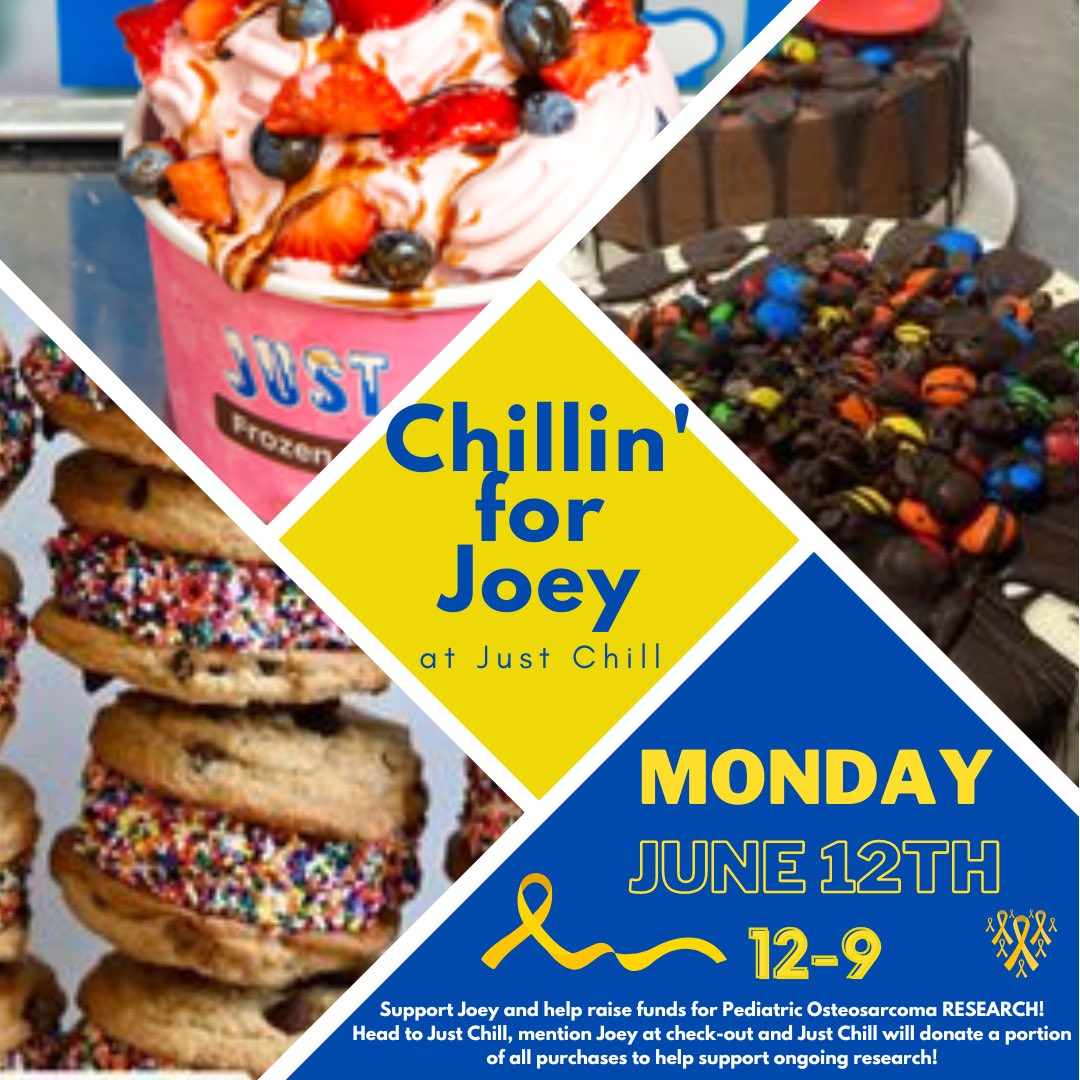 Show your support for Joey Edwards on Monday, June 12th and stop by Just Chill 🍦for a cool treat!  Mention Joey at checkout and a portion of the proceeds will go toward Pediatric Osteosarcoma research. #Chillin4Joey @NHHS_Lions @NorthJungle @NHLionsFootball