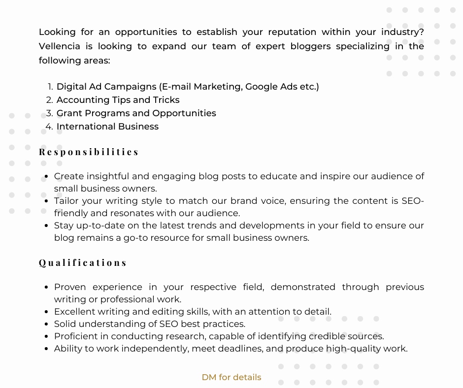 VellenciaStrat's tweet image. 📣 Calling all #experts! 🌟 Are you passionate about crafting captivating and informative blog posts? Do you have what it takes to help small businesses thrive in a cutthroat market? We want you! 💪✨ #BusinessBlogger 

#VellenciaStrategies