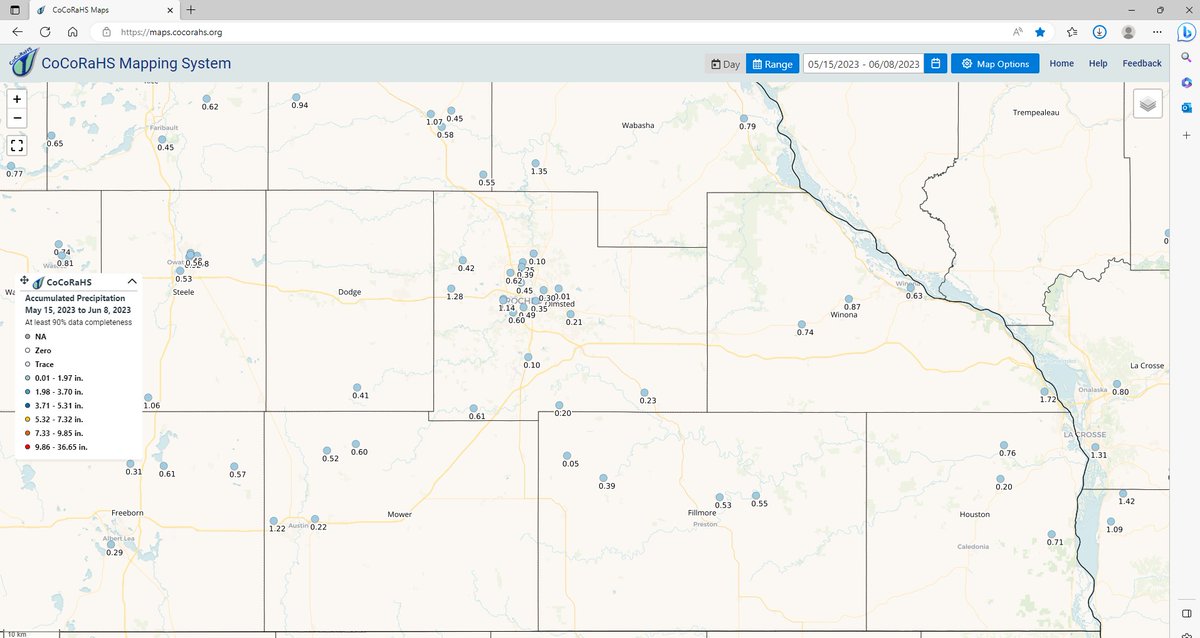 MNitrogenGuy's tweet photo. Precipitation map for southeast Minnesota, May 15-today. After a very wet start to May for some but not all of the area, we've been bone dry for close to a month. And pan evaporation (at St Paul) was close to an inch above normal at 7.51" for May. https://t.co/c48z9Jzd1o