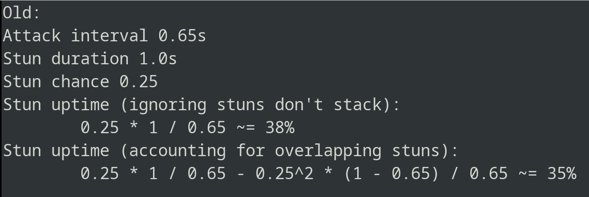 Aak S1 with module level 3 has 69% stun uptime for 30 seconds. That's incredible! (used to be 35%)

Uptime of CC (stun or slow) is like 90%, DPS is 1623 (was 1303), HPS accounting for HP drain is 316, it used to be 75, this is a 4x increase!

Wish I had this for CC11.