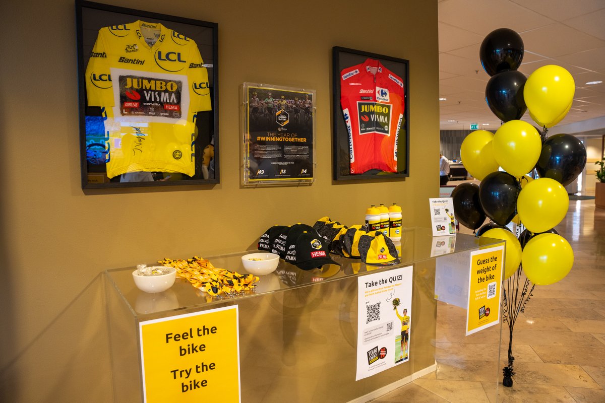 You can now tune in to Netflix to watch @JumboVismaRoad’s 2022 #TourDeFrance journey, during the exciting time that led up to their win. 🏆 To celebrate the premiere of the series, we arranged fun activities at our headquarters today. Watch “Tour de France: Unchained” now. 🖤💛