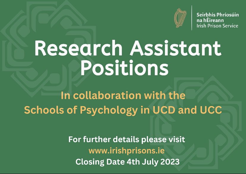 The Irish Prison Service is now recruiting for Research Assistants to investigate the development of new programmes with the Schools of Psychology of <a href="/ucddublin/">University College Dublin</a> and <a href="/ucc/">UCC Ireland</a> 
Full details can be found at irishprisons.ie #researchassistant #researchjobs