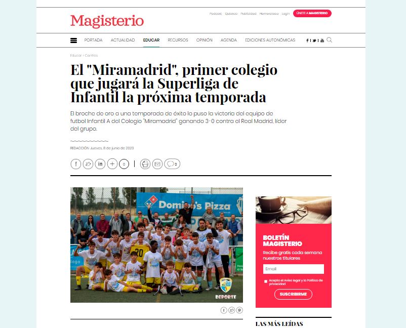 El "Miramadrid", primer colegio que jugará la Superliga de Infantil la próxima temporada. ⚽️

El broche de oro a una temporada de éxito lo puso la victoria del equipo de fútbol Infantil A del "Miramadrid" ganando 3-0 contra el Real Madrid, líder del grupo.

#colegiomiramadrid