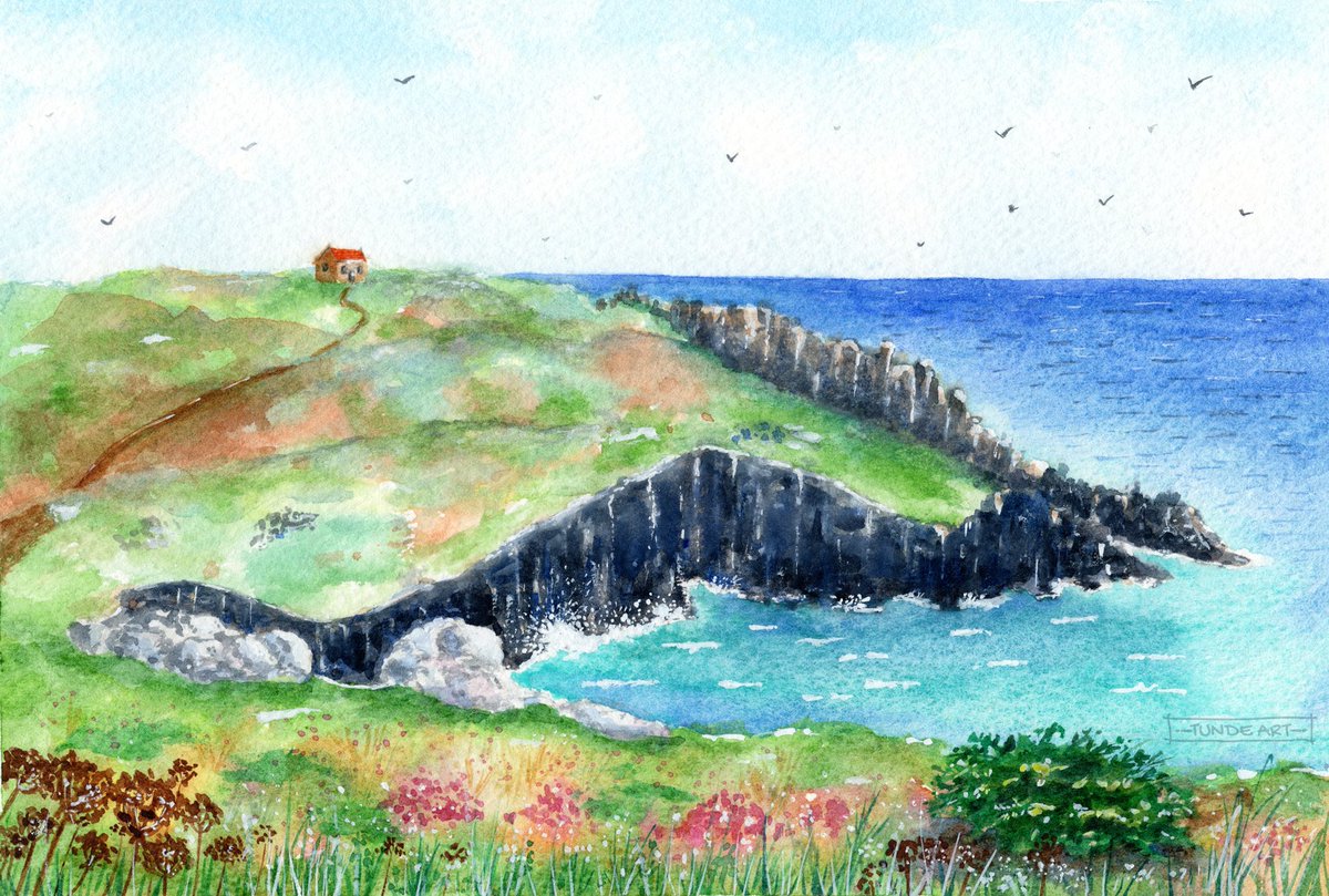 Cornwall is a perfect hiking place. For this painting, I used my photo as inspiration, taken while hiking between Porthcurno and Land's End. 🥾🎒
The building on the hill is only my imagination, though. 😊

#sketchbook #memories #holiday #cornwall #hiking #cliff #tundeart #usk