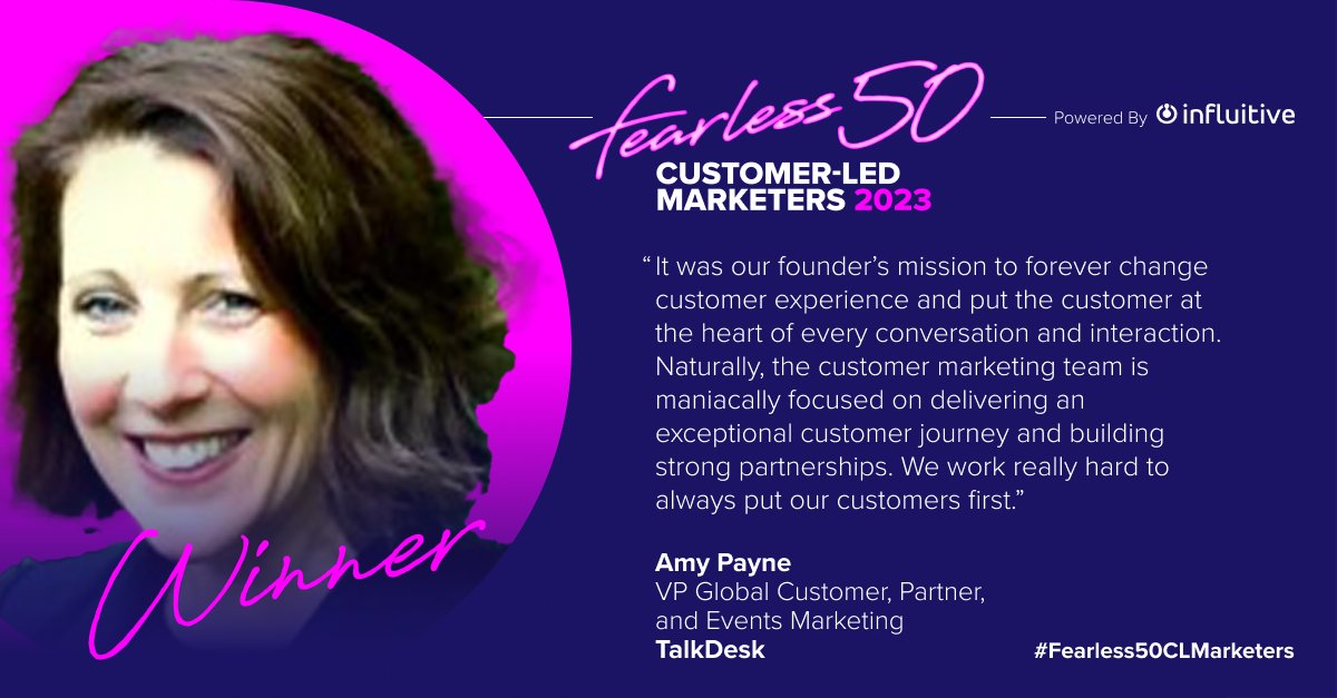 🏆 Congratulations to Talkdesk VP of Global Customer, Partner and Events Marketing, Amy Payne! She has been named to the Fearless 50 customer-led marketing leaders list for 2023 powered by Influitive.  bit.ly/3CbUzqe

#Fearless50CLMarketers