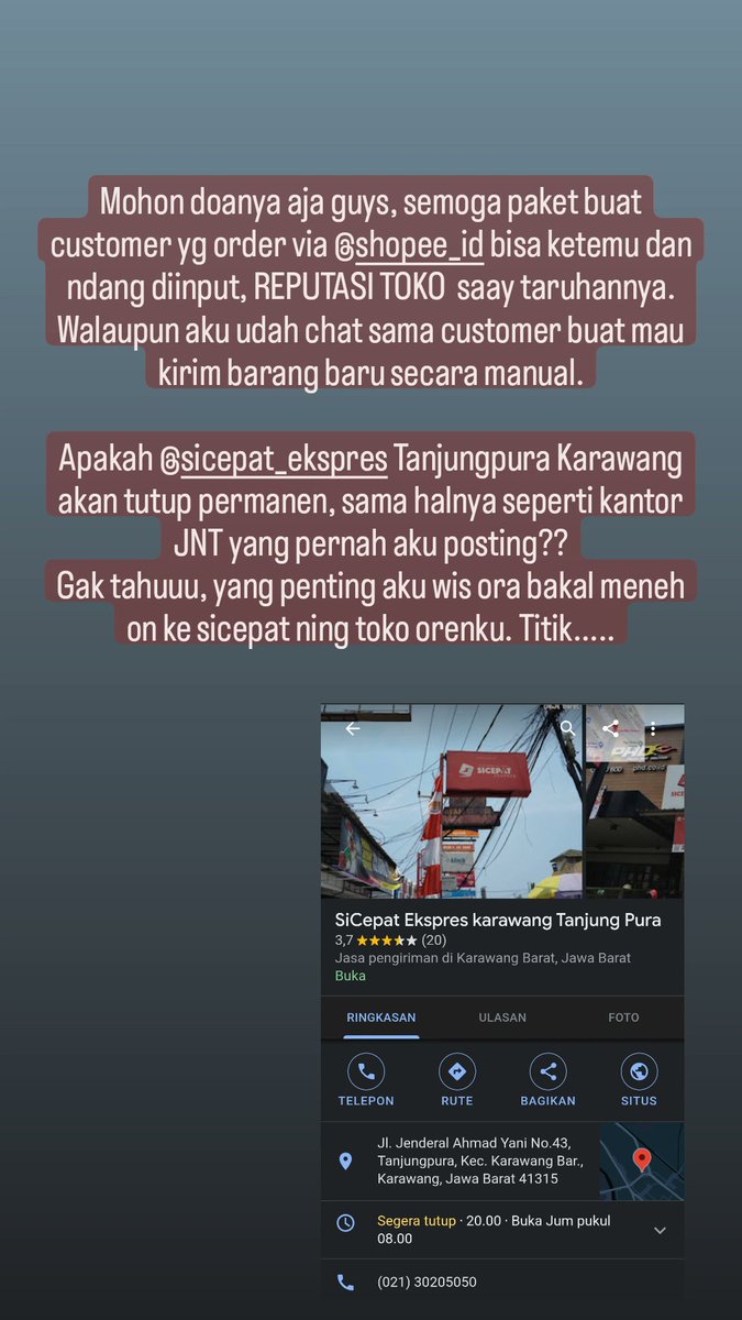 claudiakd90's tweet photo. Tandain aja @sicepat_ekspres yang di sini. Gak usah datang ke situ buat kirim paket... disitu gak nerima paket.. buang2 waktu dan tenaga..... masih banhak ekspedisi bagus di area Karawang Barat https://t.co/2A5ELE0lpt