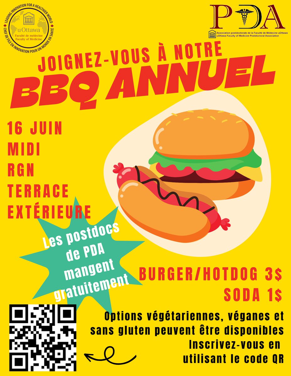 UOttawa Faculty of Medicine Postdoc Association (@uottawapda) on Twitter photo 📢 Friendly Reminder: Our annual BBQ event hosted by the uOttawa Faculty of Medicine Postdoctoral Association is just around the corner! 🍔🌭
📅 Date: Friday, June 16th, 2023 
⏰ Time: Noon 
📍 Venue: RGN Outdoor Terrace
📣 Feel free to invite your fellow lab members! 📢 Friendly Reminder: Our annual BBQ event hosted by the uOttawa Faculty of Medicine Postdoctoral Association is just around the corner! 🍔🌭
📅 Date: Friday, June 16th, 2023 
⏰ Time: Noon 
📍 Venue: RGN Outdoor Terrace
📣 Feel free to invite your fellow lab members!