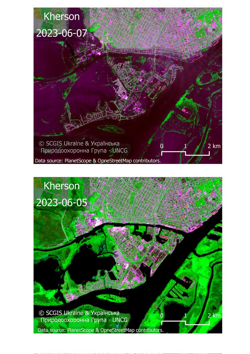 The flooded part of #Kherson, #Ukraine
#Satelliteimagery of the #PlanetScope.  Bands Combination: Red NIR Green.
Lines are roads from #OpenStreetMap

Made for: Ukrainian nature conservation group (@_UNCG_ )& SCGIS Ukraine 

#disaster #mapping #qgis @planet #scgis #satellite