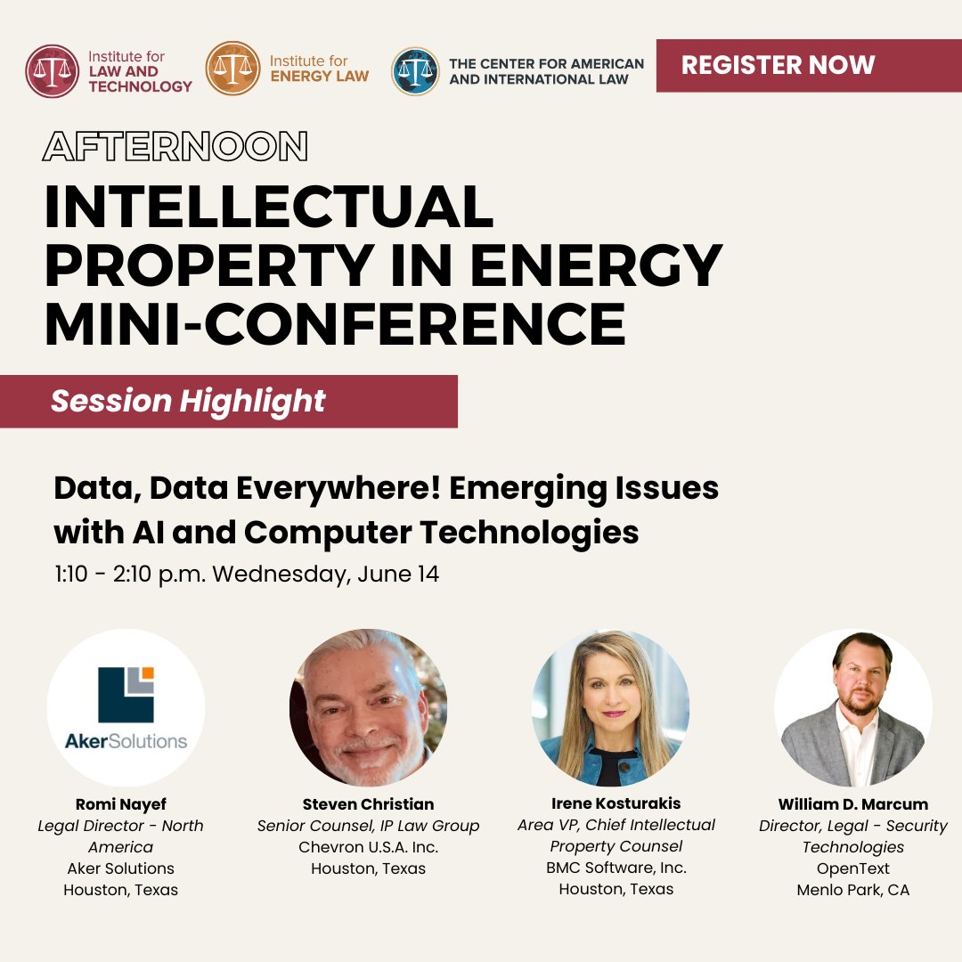 Session Highlight for the Intellectual Property in Energy Mini-Conference on June 14th, presented by the Institute for Energy Law and co-hosted by the Institute for Law and Technology.

Register Now: pulse.ly/nq0w856hhh