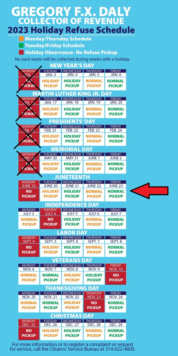 Good Morning St. Louis! We wanted to share with you all the collection schedule for the upcoming holiday Juneteenth, this will be effecting roll cart collection. 🗑️♻️ Note there will be NO yard waste collection 🌿🚫