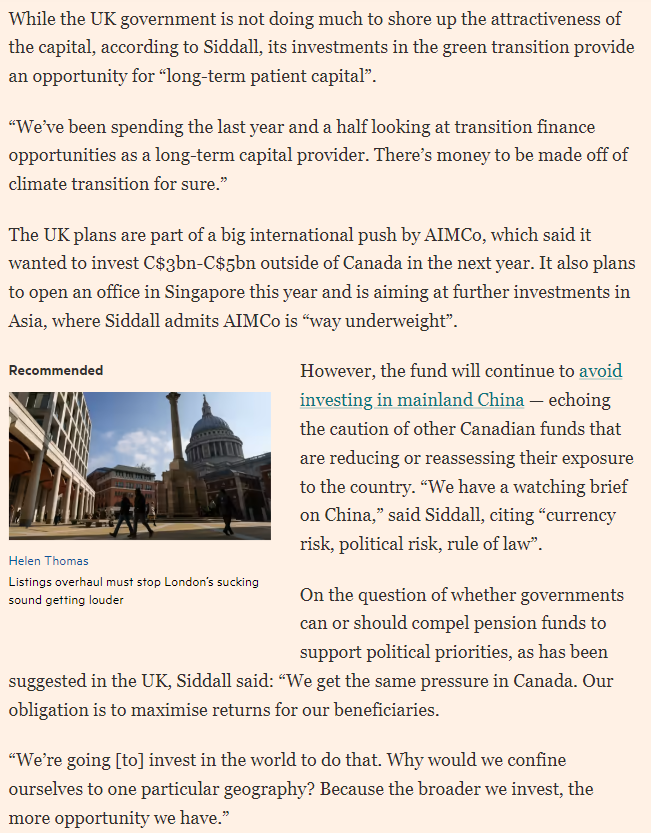 The Alberta Investment Management Company (AIMCo), one of Canada's largest asset managers, plans to more than double its headcount in London and invest billions into the UK - hailing the city as more of a gateway to the world than New York.

#CPTPP #CANZUK #UKTrade