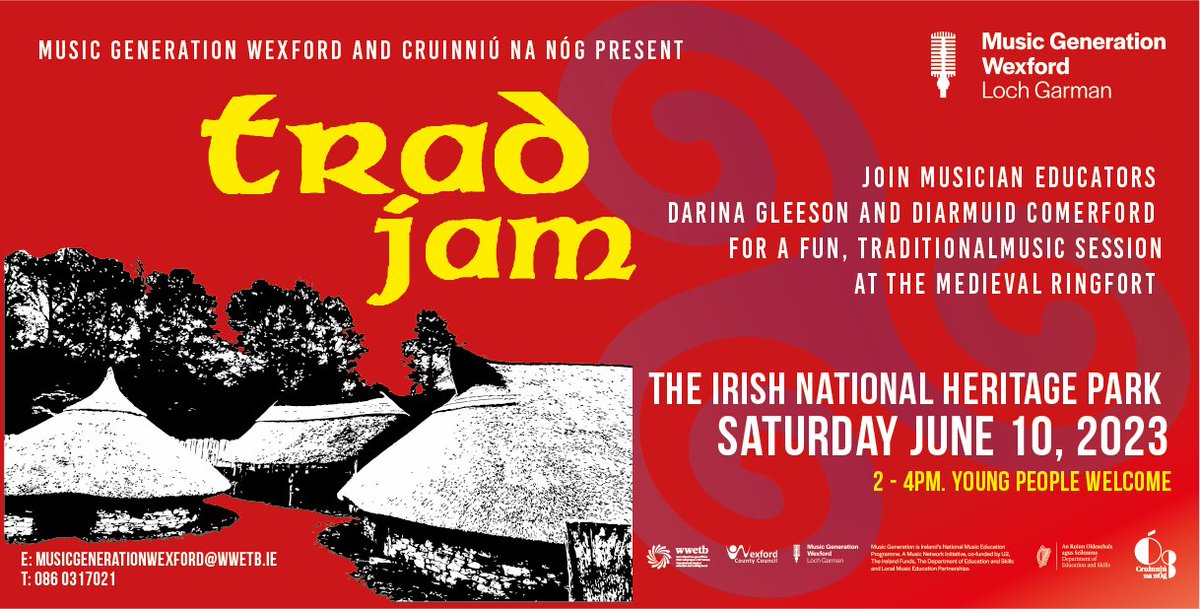 Join our Trad Jam <a href="/heritageparkwex/">The Irish National Heritage Park 🦉 #Wexford</a> to celebrate #CruinniúnanÓg2023 #play #sharetunes #perform with #youngmusicians Free workshop ages 12 -18 years old on Saturday 10 June from 2-4 pm 📷 SIGN UP
forms.office.com/e/rYEXBhCUqQ 
<a href="/WWETBofficial/">WWETB</a> <a href="/Creaghstudios/">Creagh Studios</a>