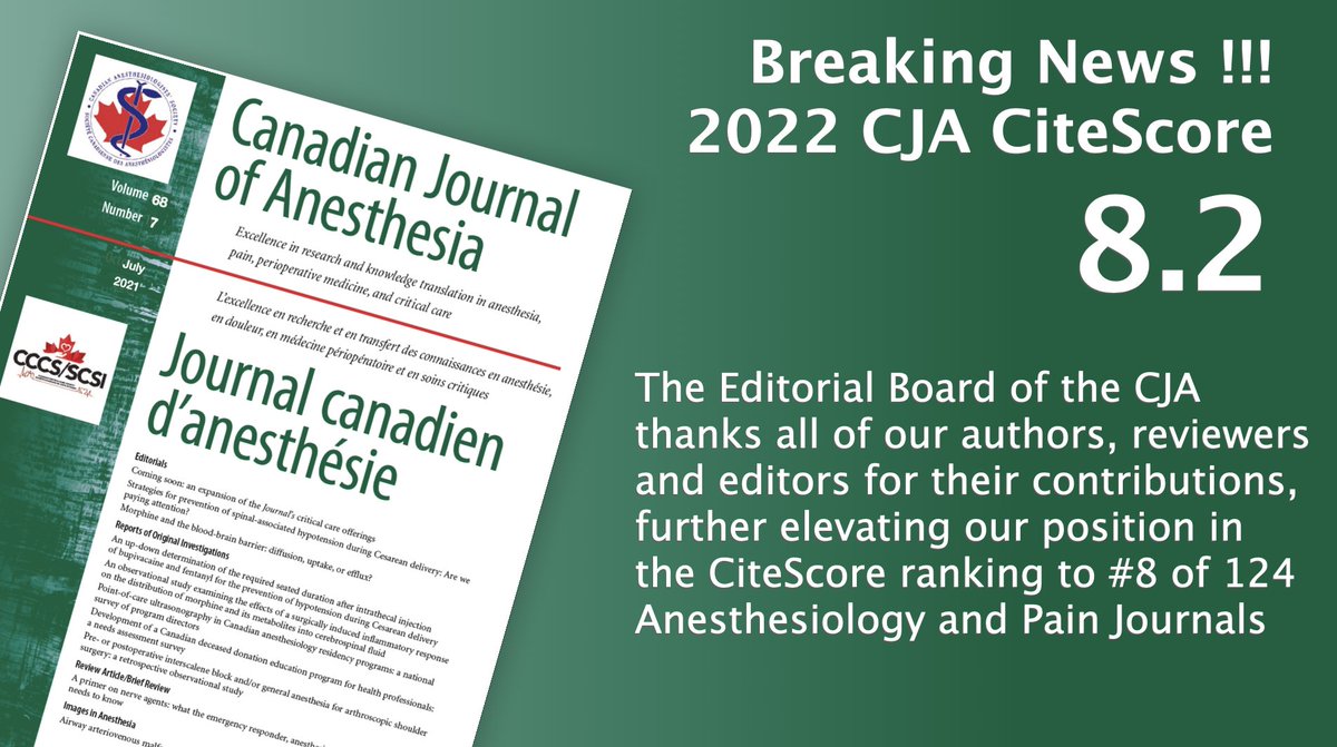 CJA_Journal's tweet image. Breaking News !!!
2022 CJA CiteScore - 8.2

The Editorial Board of the CJA thanks all of our authors, reviewers and editors for their contributions, further elevating our position in the #CiteScore ranking to #8 of 124 Anesthesiology &amp;amp; Pain Journals
#ResearchMatters #CASAM2023