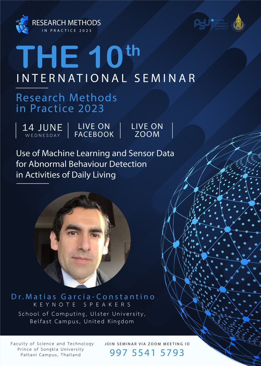 mattgarciablitz's tweet image. Less than a week for the 10th International Seminar &quot;Research Methods in Practice 2023&quot; at Prince of Songkla University Pattani Campus

Join the seminar via Zoom on Wednesday 14th of June (Thailand time). Programme available here: st.sat.psu.ac.th/seminar/Resear… #DataAnalysis #SensorData