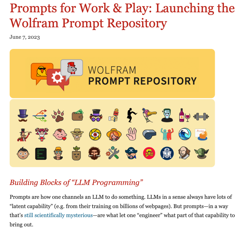 omarsar0's tweet photo. Wolfram Prompt Repository

A collection of ~200 basic and advanced LLM prompts for accomplishing tasks that range from fun to technical.

They are specific to Wolfram but there are a lot of interesting ideas on how prompts can be used and designed.

https://t.co/pcE5GAjSim https://t.co/S995oxST35