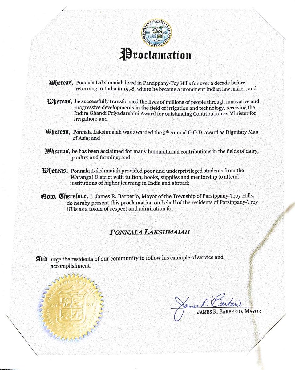 PonnalaLaksmiah's tweet image. #Proclamation - #ParsippanyMayor #Ponnala ⁦@INCIndia⁩ ⁦@CongressInNews⁩ ⁦@SpiritOfCongres⁩ ⁦@INCOverseas⁩ ⁦@INCTelangana⁩ ⁦@IYC⁩ ⁦@kcvenugopalmp⁩ ⁦@OfficeOfThakare⁩ ⁦@Jairam_Ramesh⁩ ⁦@PChidambaram_IN⁩ ⁦@KartiPC⁩